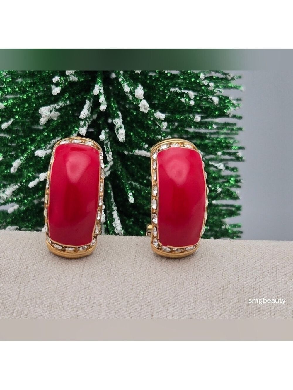 Gold-Tone Red Enamel Rectangle Earrings Rhinestone Accents Clip-On/Pierced